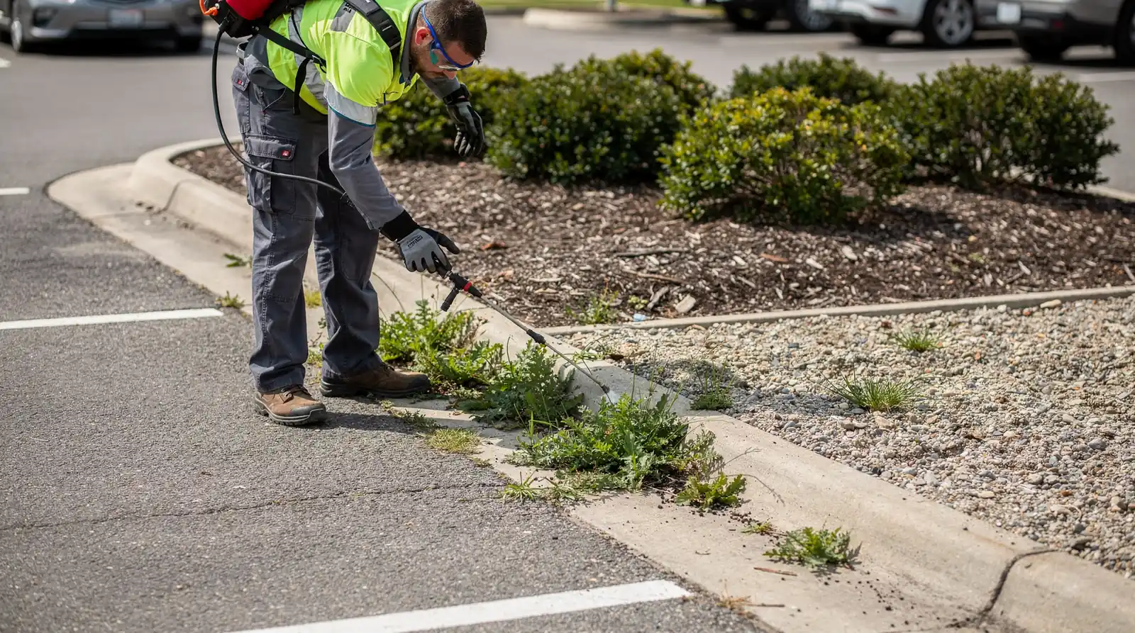 Parking lot weed control is a key part of grounds maintenance for commercial properties, preventing